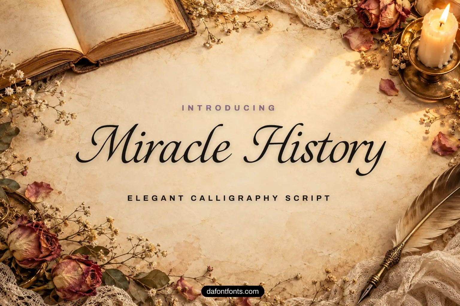 Miracle History font poster: black calligraphy on a storybook parchment background