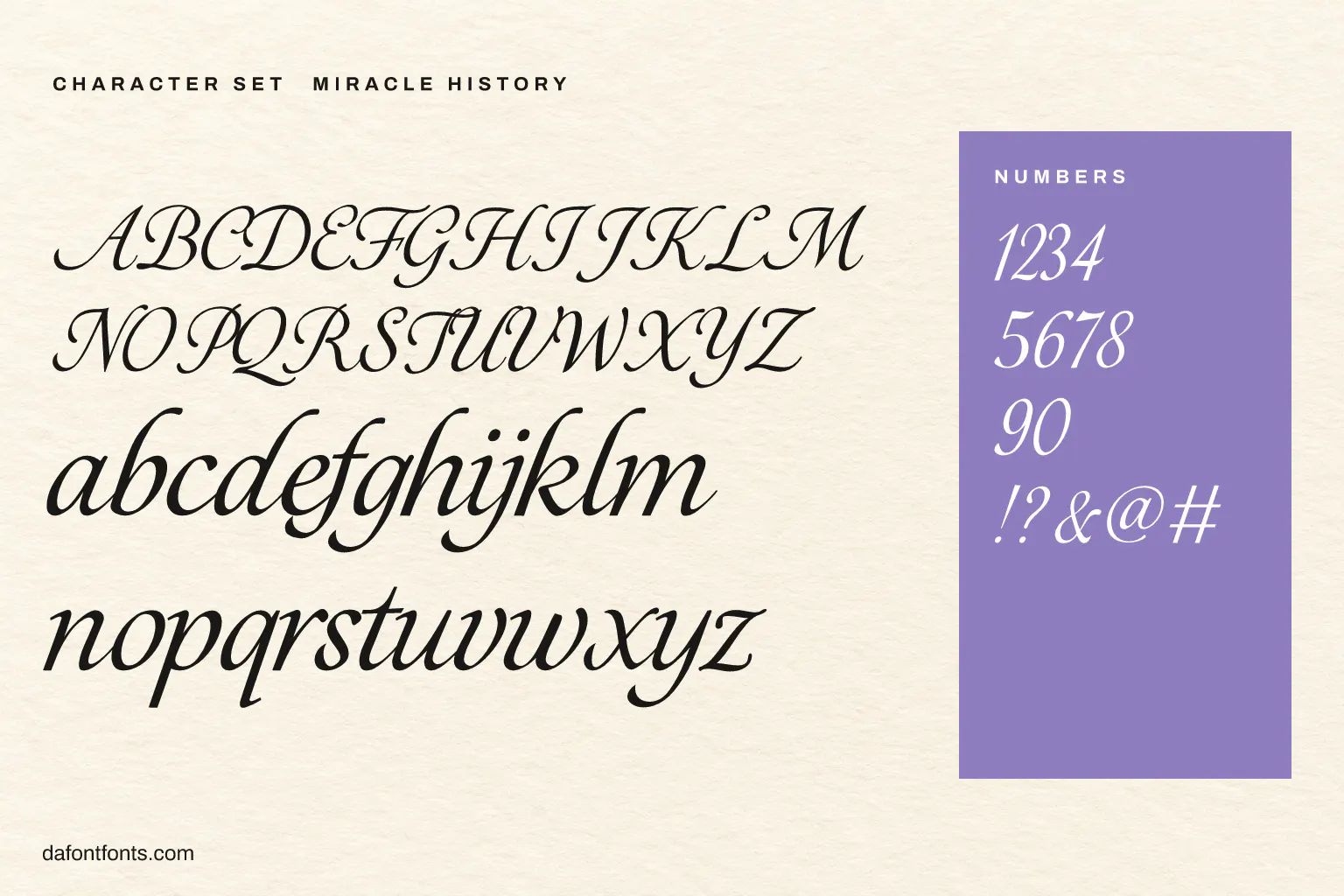 Miracle History character set: alphabet, numbers and symbols