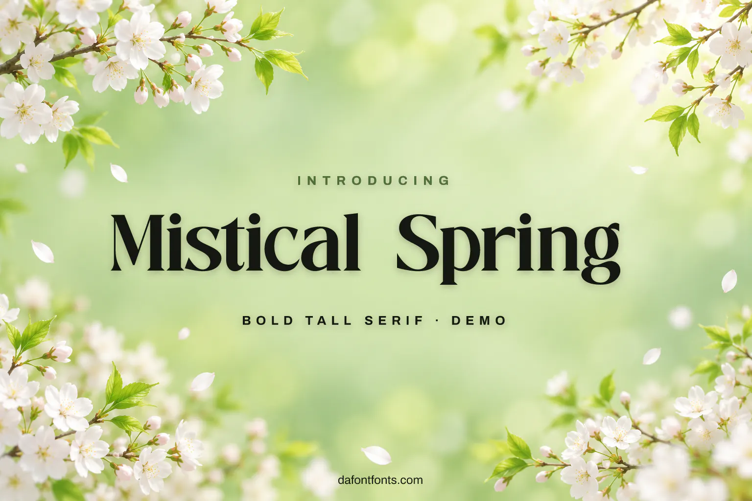 Mistical Spring font poster: black tall serif letters on a soft spring green background with blossoms