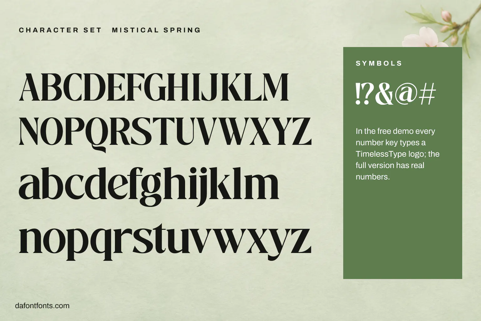 Mistical Spring character set: capitals, lowercase and symbols (in the demo the number keys type a logo)
