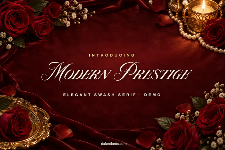Modern Prestige font poster: black swash serif on a luxury burgundy background