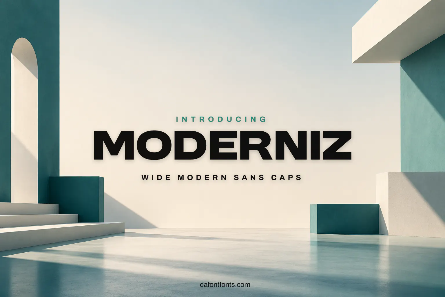 Moderniz font poster: black wide caps on a teal and off-white architectural background