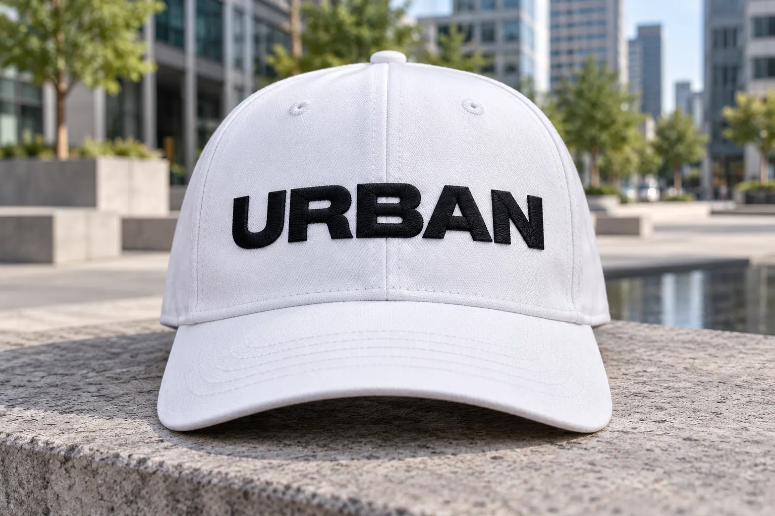 Moderniz font on a baseball cap reading URBAN