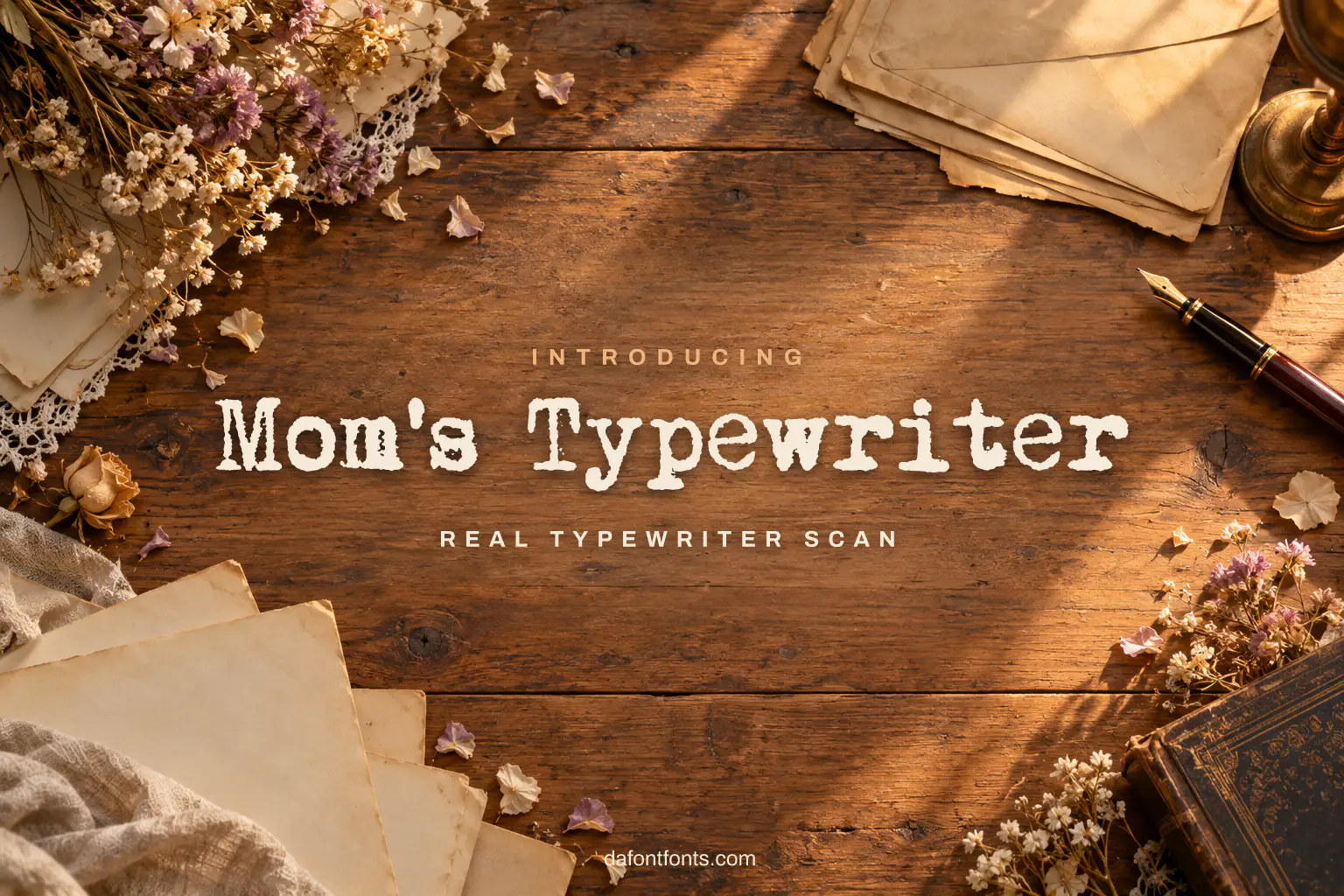 Mom's Typewriter font poster: inky typewriter letters on an old desk background with letters and a pen