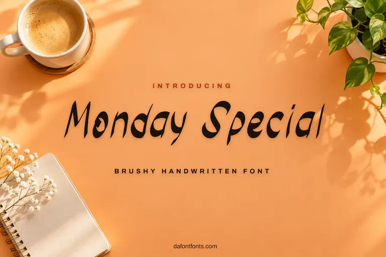 Monday Special font poster: black brushy handwriting on a soft orange background with a coffee mug