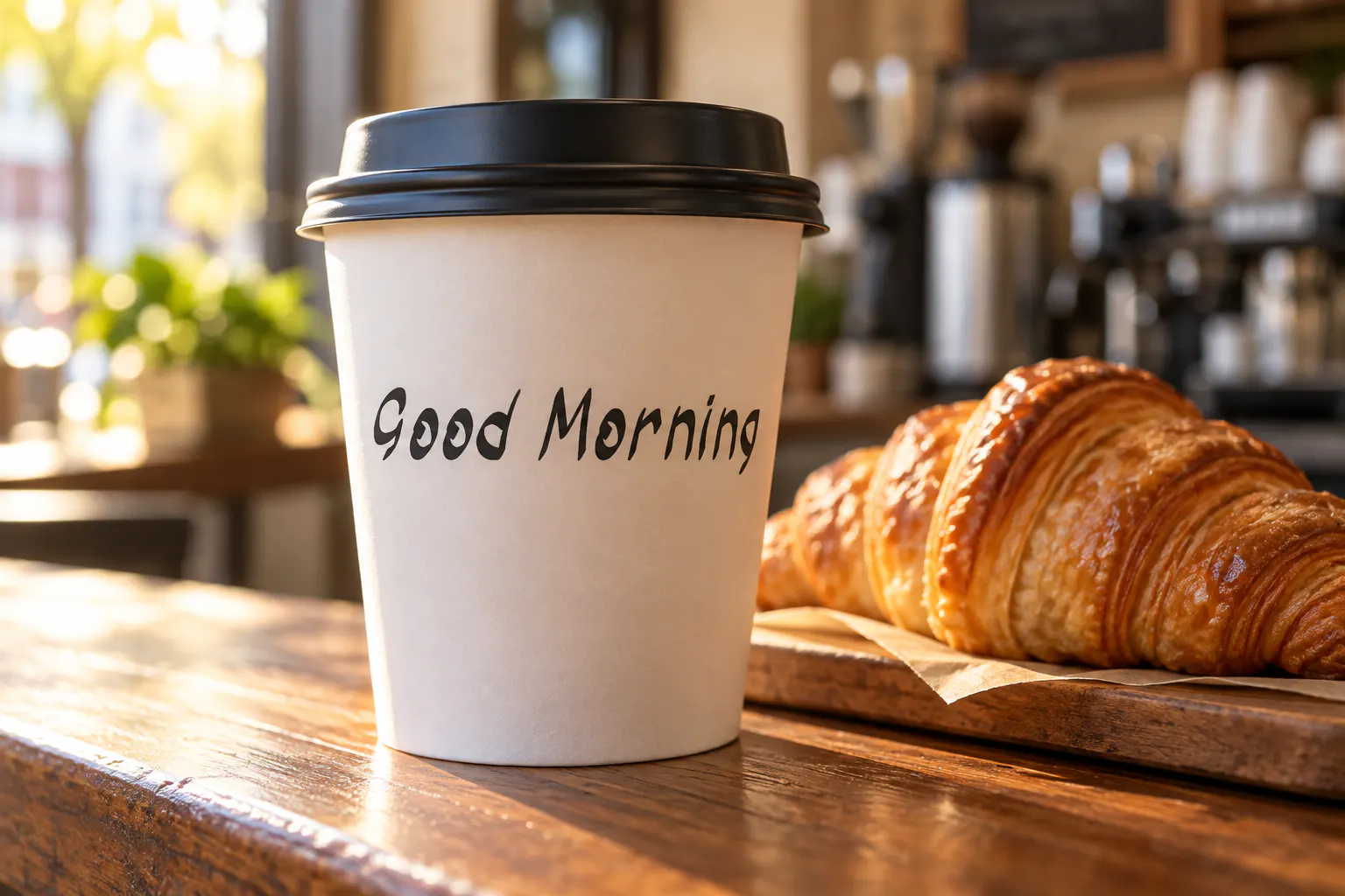 Monday Special font on a paper coffee cup reading Good Morning