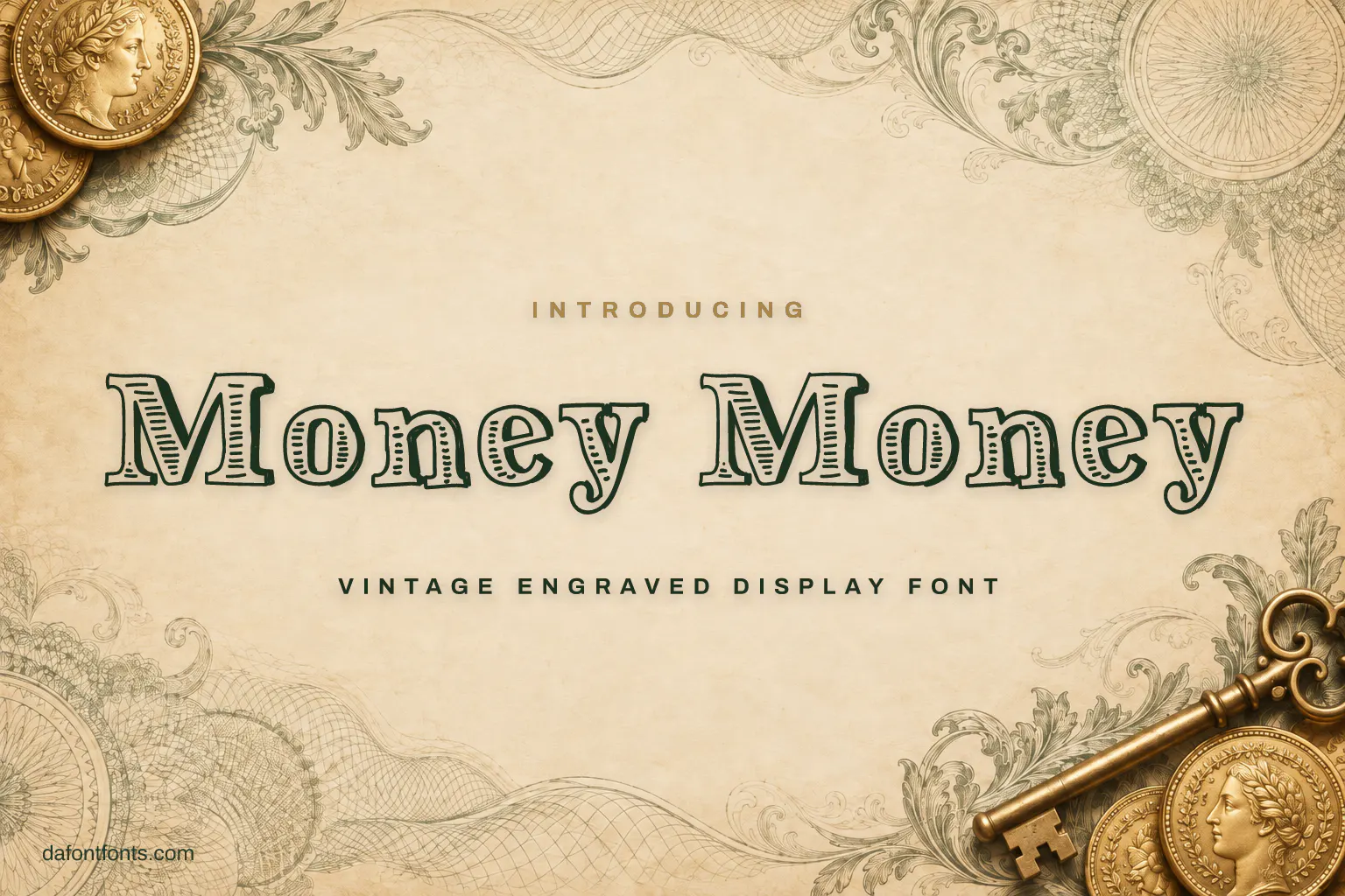 Money Money font poster: green engraved letters on cream with banknote patterns
