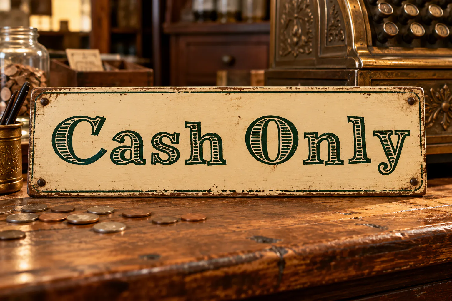Money Money font on a shop sign reading Cash Only