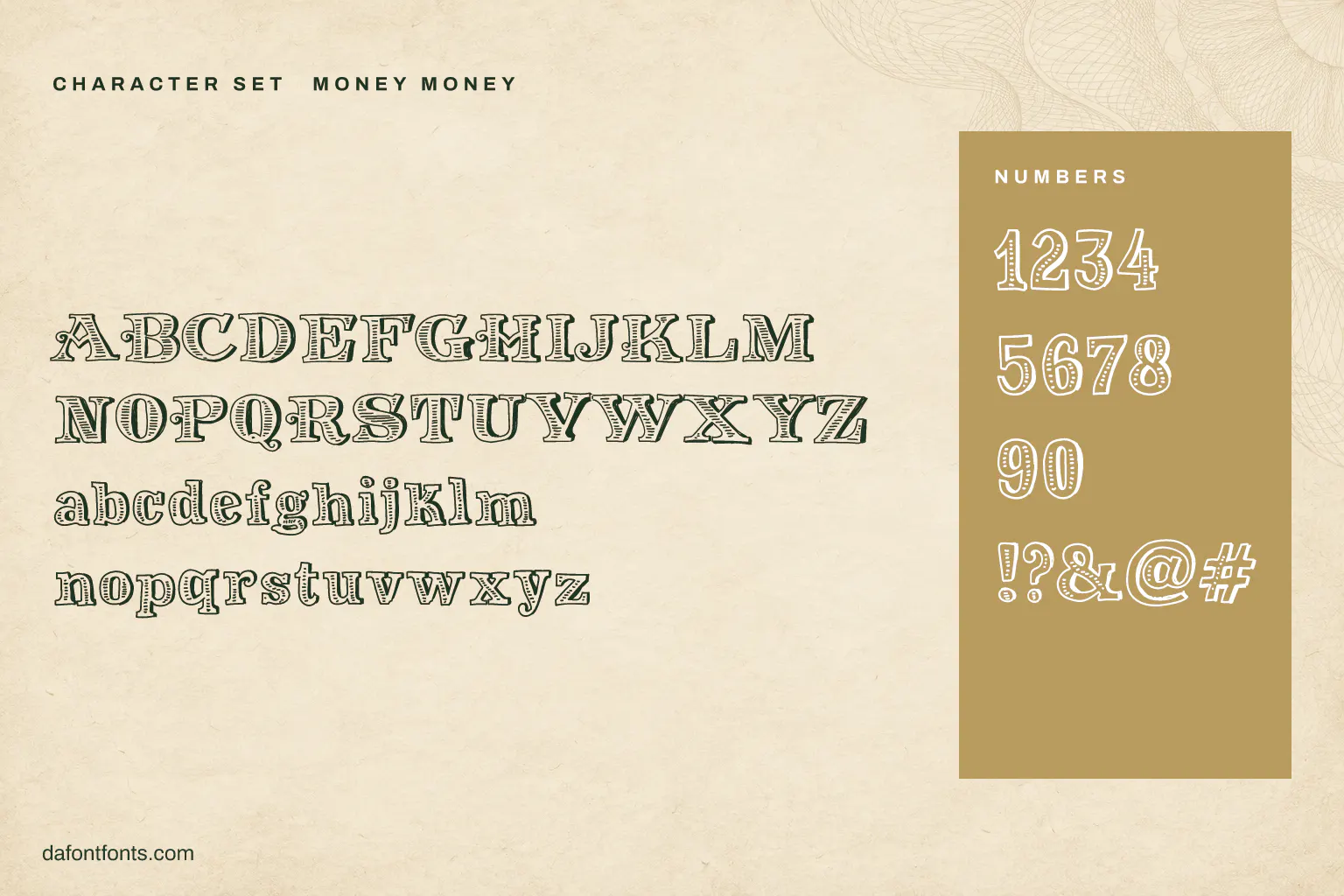Money Money character set: alphabet, numbers and symbols