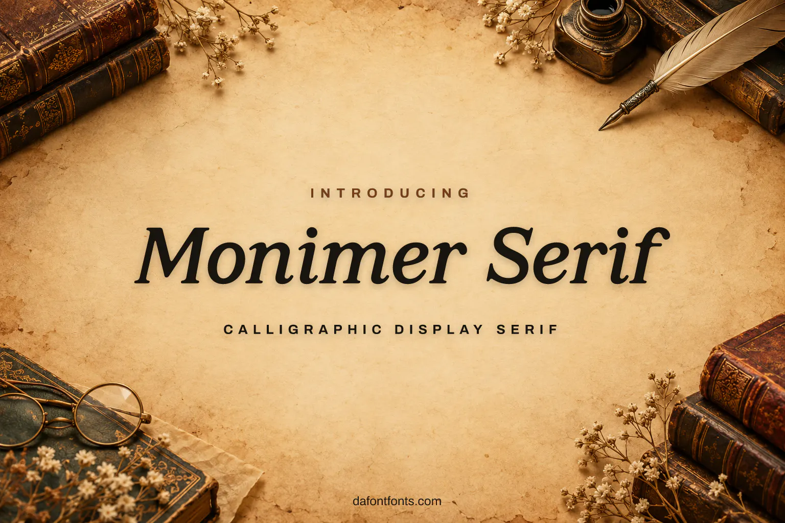 Monimer Serif font poster: black serif letters on a warm parchment background with old books