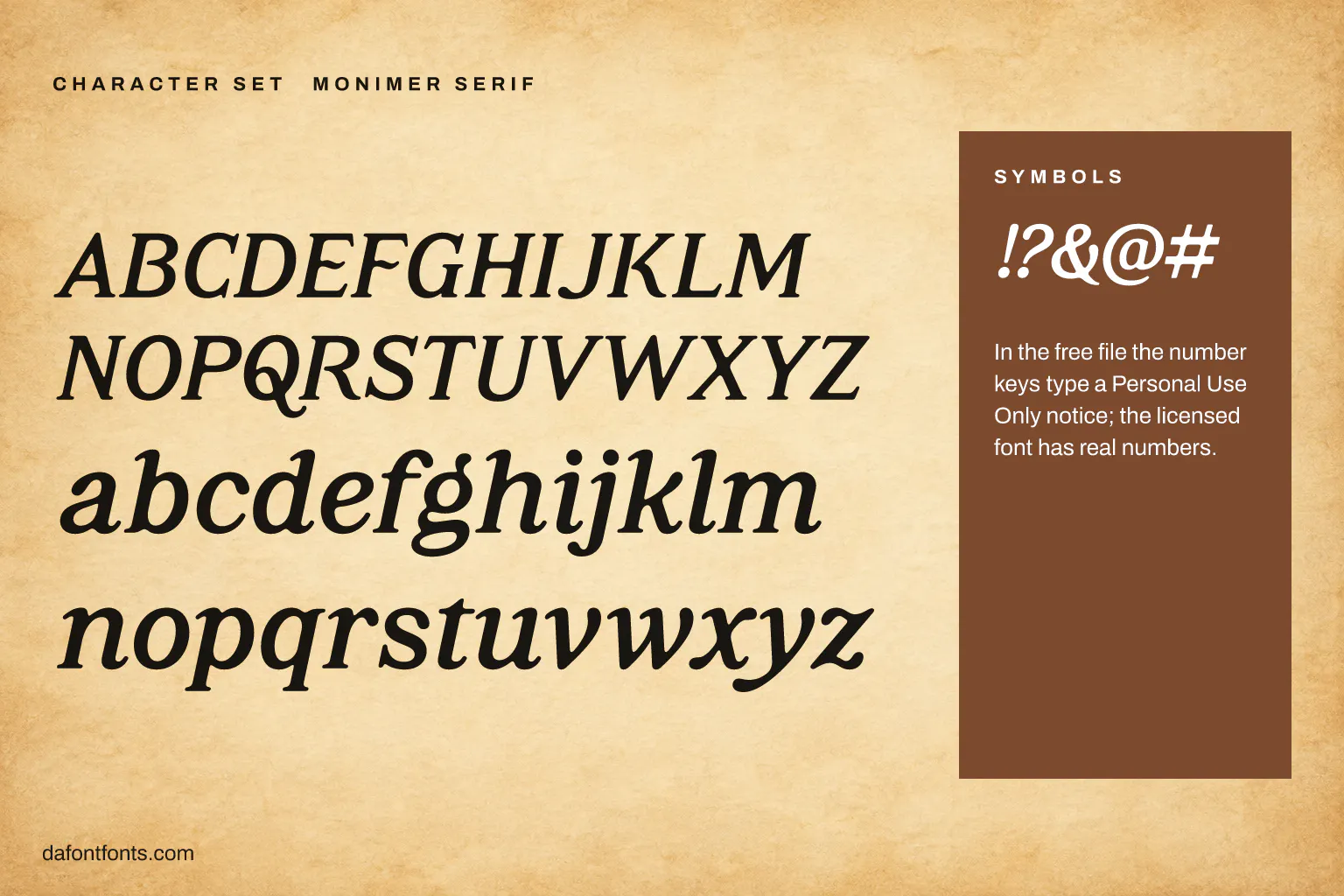 Monimer Serif character set: capitals, lowercase and symbols (in the free file the number keys type a notice)