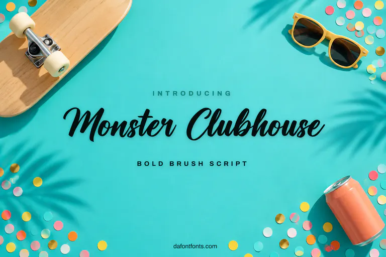 Monster Clubhouse font poster: black brush script on a bright teal weekend background