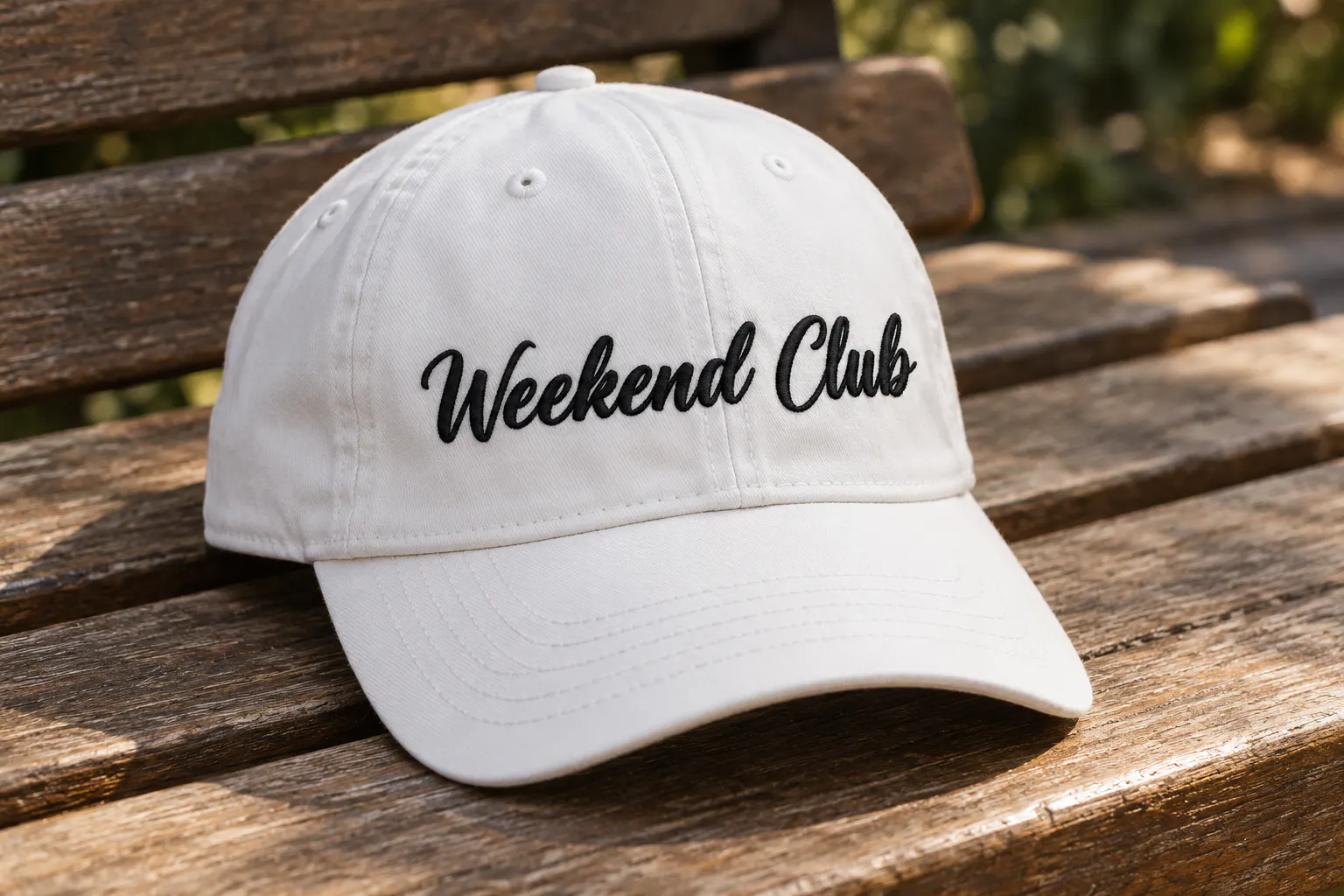 Monster Clubhouse font on a cap reading Weekend Club