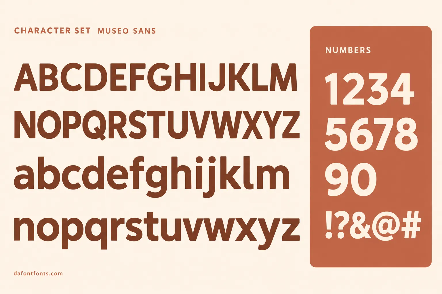 Museo Sans style character set: uppercase and lowercase alphabet, numbers and symbols