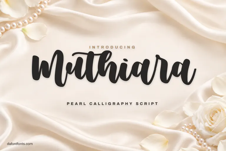 Muthiara font poster: brush calligraphy on ivory silk with pearls