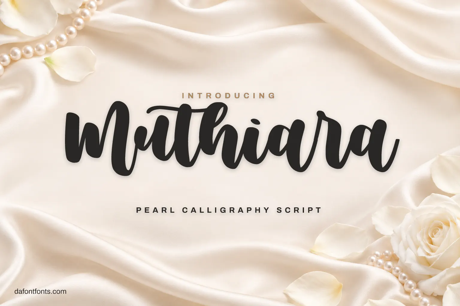 Muthiara font poster: brush calligraphy on ivory silk with pearls