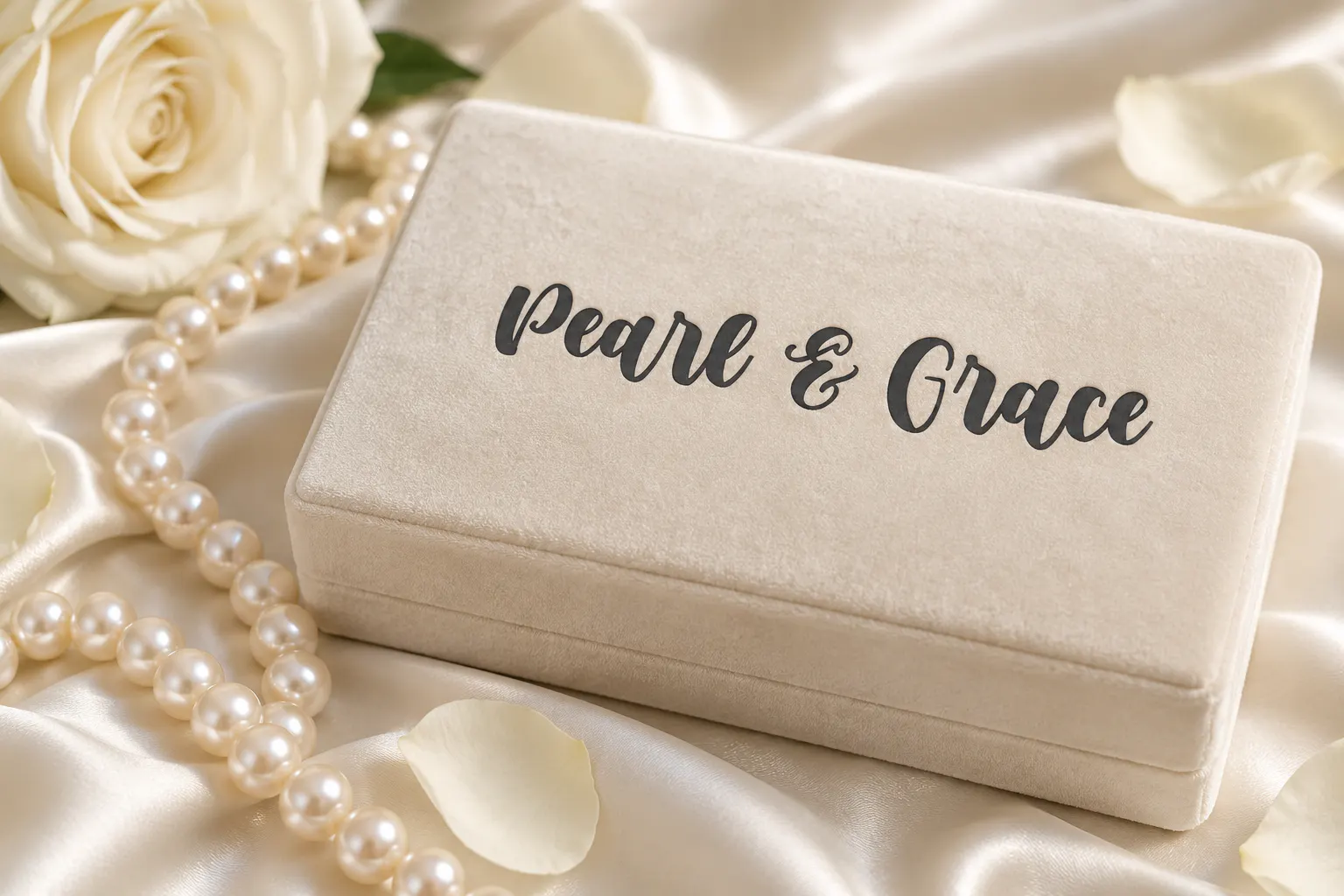 Muthiara font on a velvet jewelry box reading Pearl & Grace
