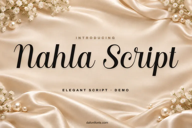 Nahla Script font poster: black script on a soft champagne background with pearls