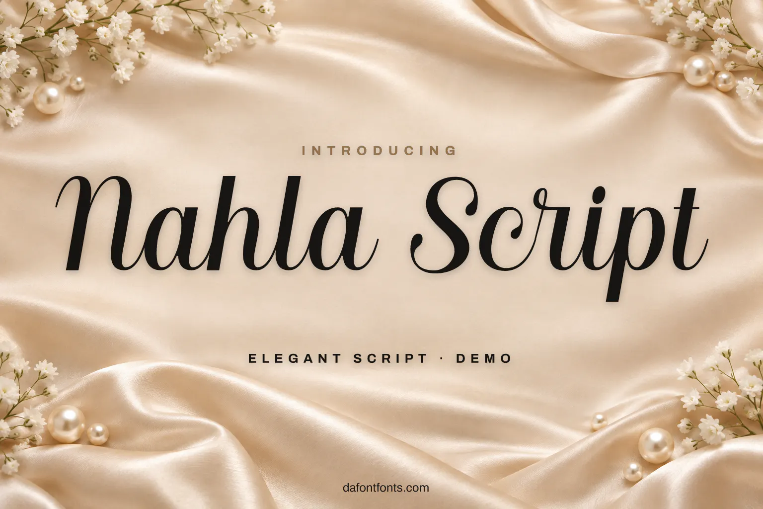 Nahla Script font poster: black script on a soft champagne background with pearls