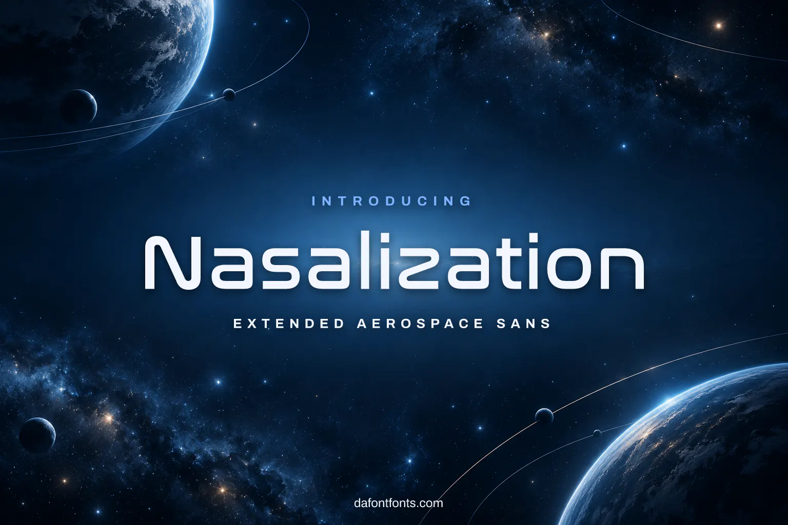 Nasalization font poster: black extended letters on a starfield background with orbit lines