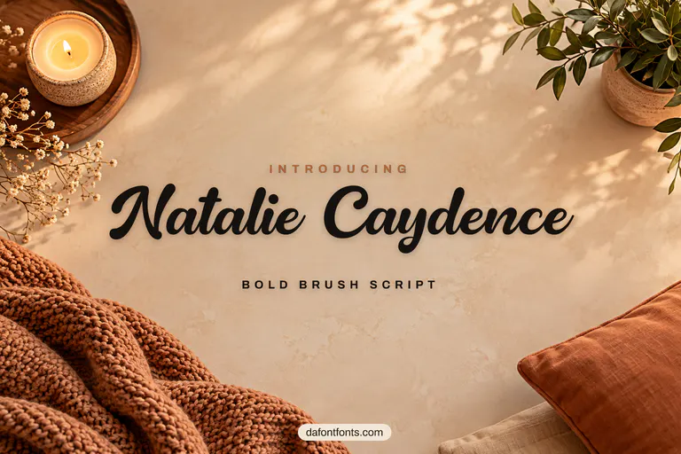 Natalie Caydence font poster: black brush script on a cozy beige background with a candle and plant