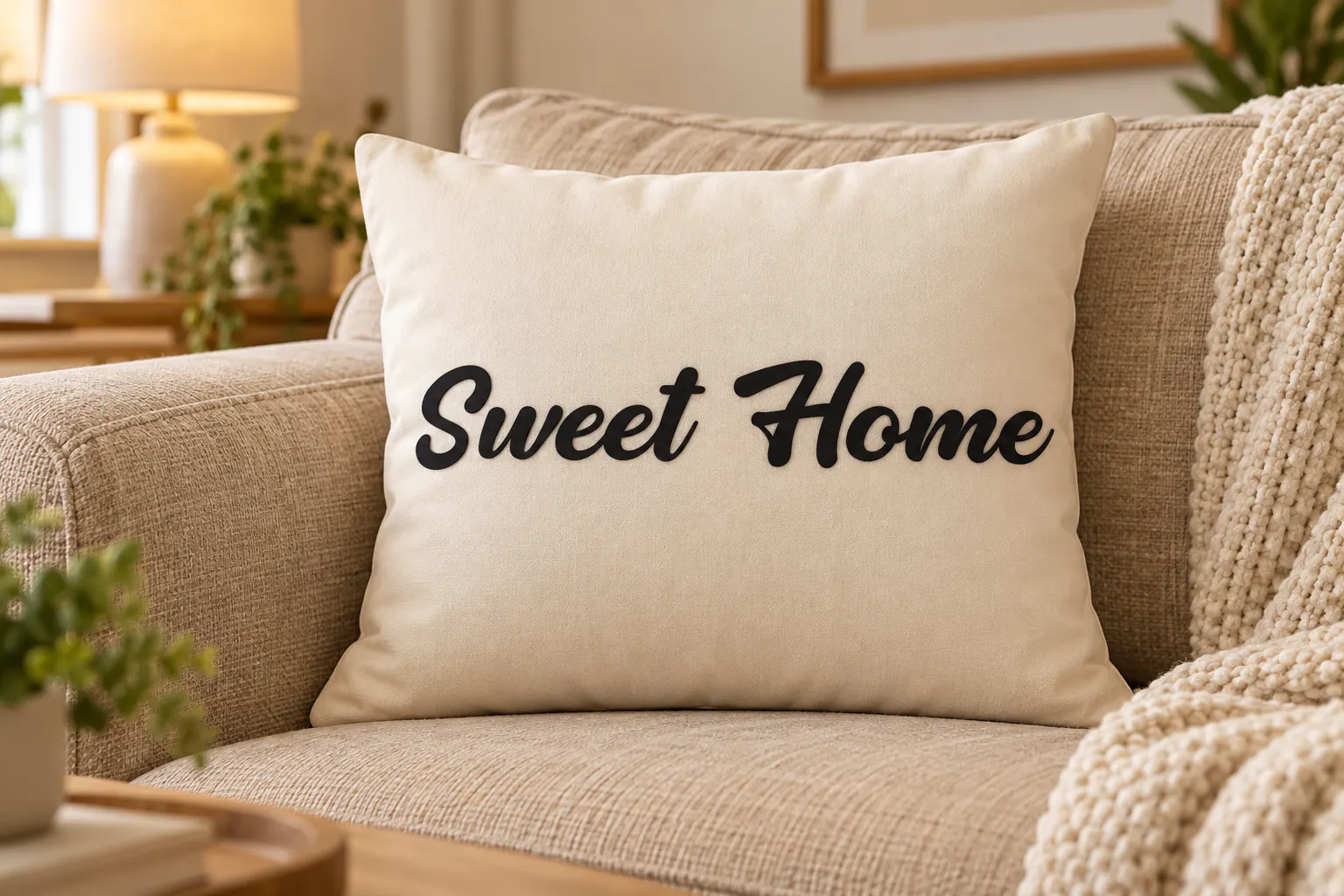Natalie Caydence font on a cream cushion reading Sweet Home