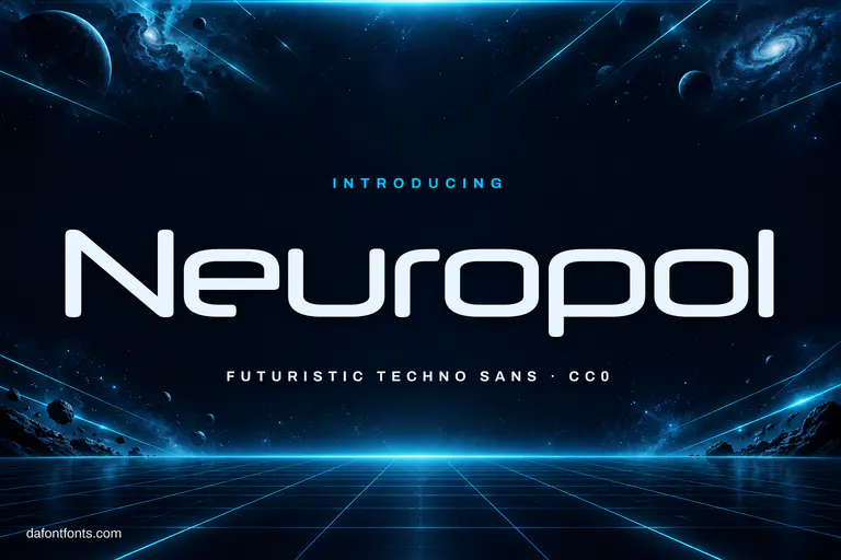 Neuropol font poster: pale blue techno letters on deep space navy with cyan lines