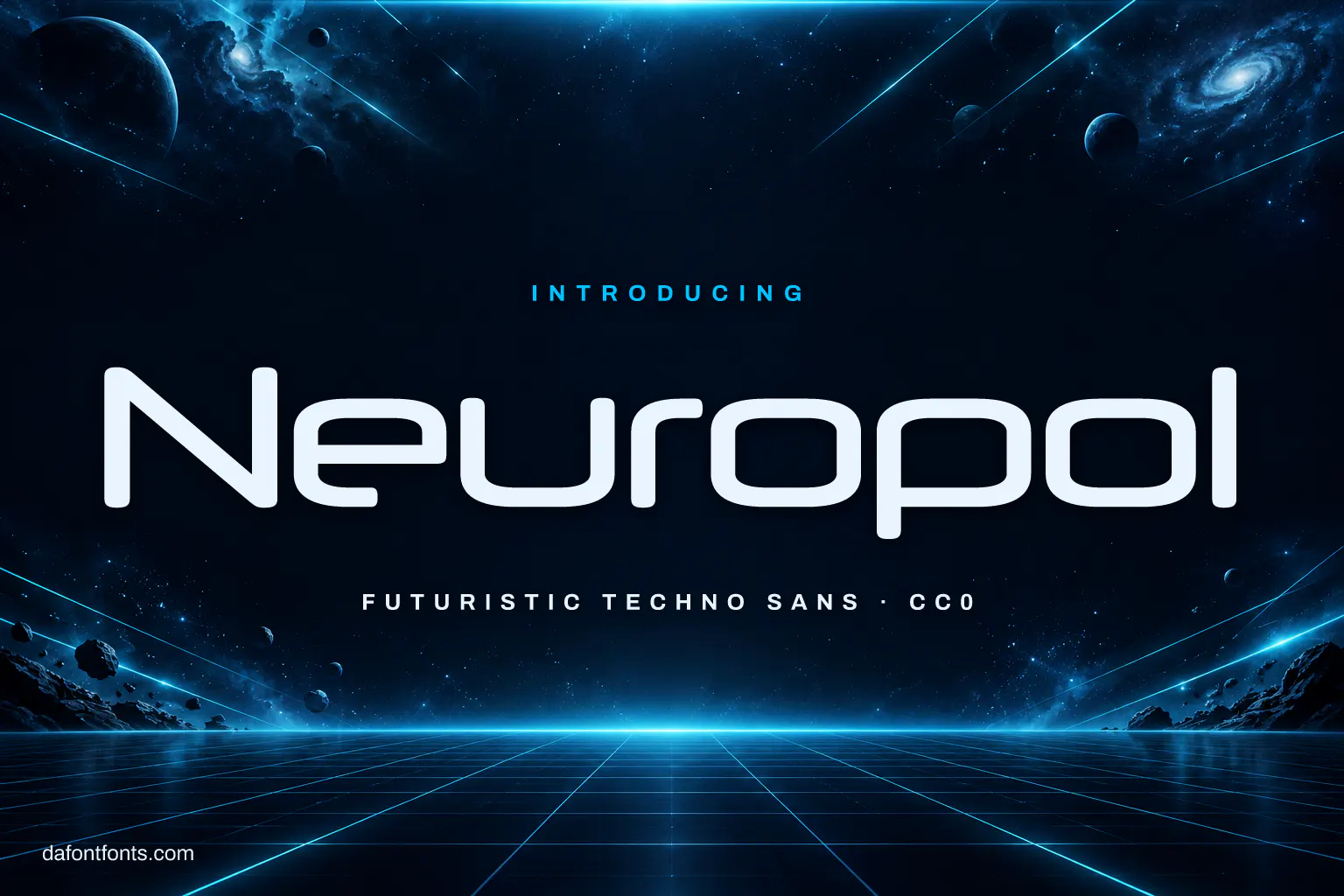 Neuropol font poster: pale blue techno letters on deep space navy with cyan lines