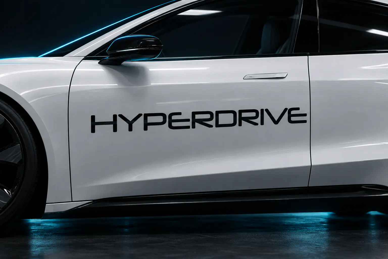 Neuropol font on a white electric car door reading HYPERDRIVE