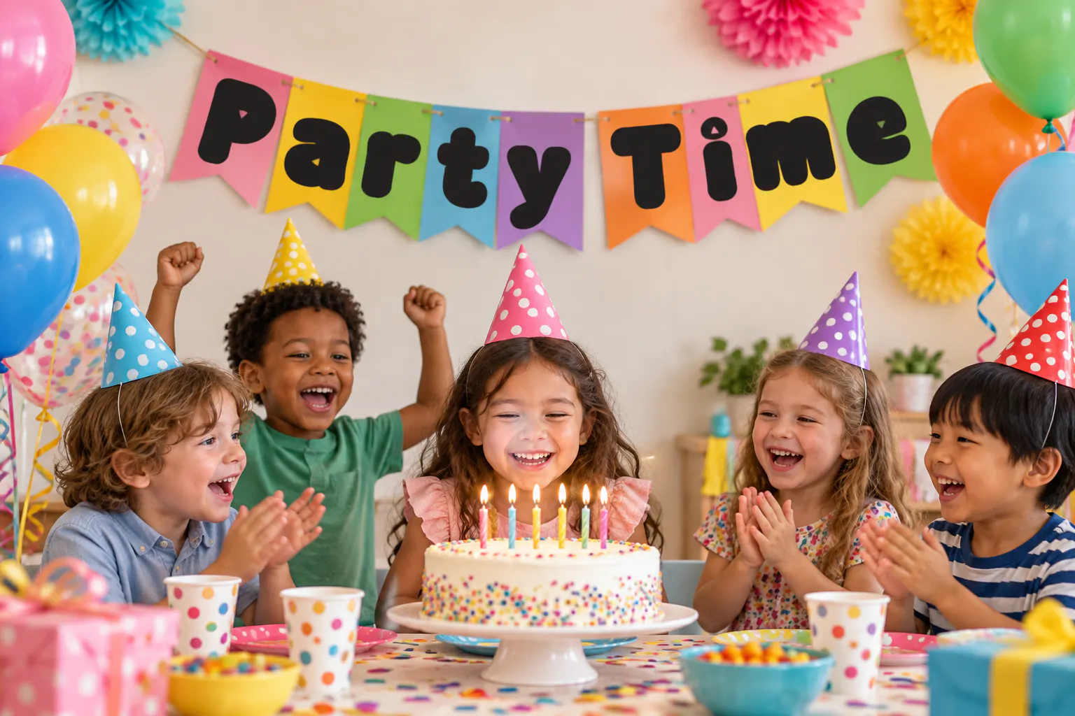 New Kids font on a kids birthday banner reading Party Time