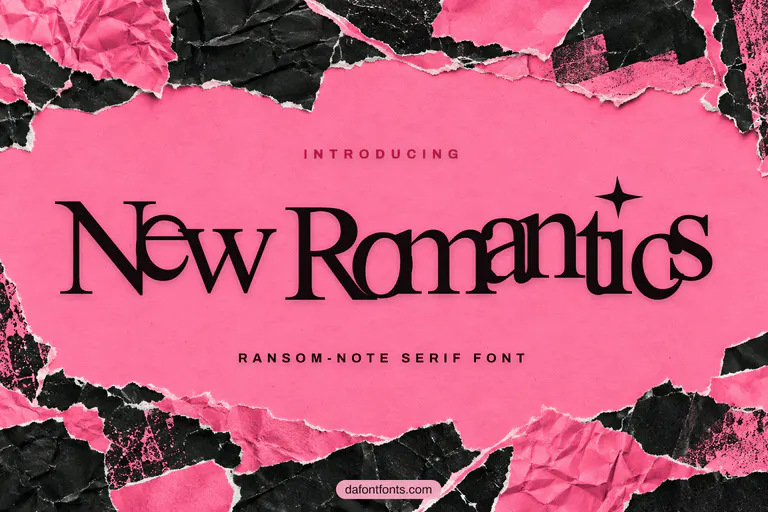 New Romantics font poster: black jumbled serif letters on torn pink paper