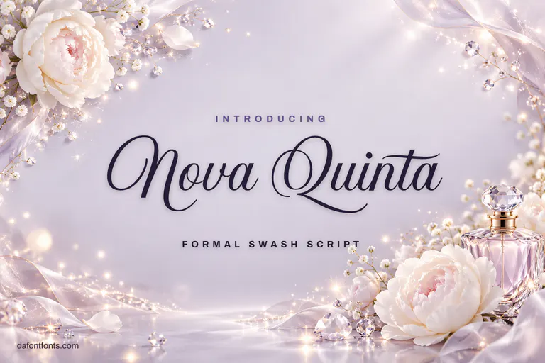 Nova Quinta font poster: plum swash script on lavender with peonies and sparkles