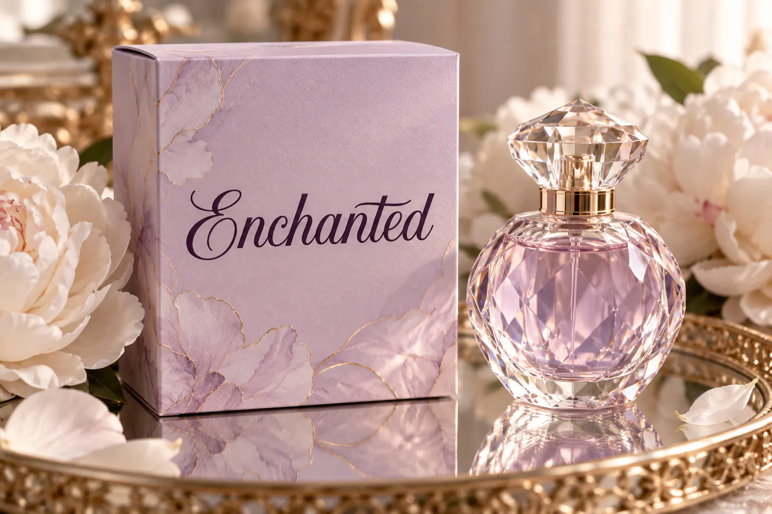 Nova Quinta font on a perfume box reading Enchanted