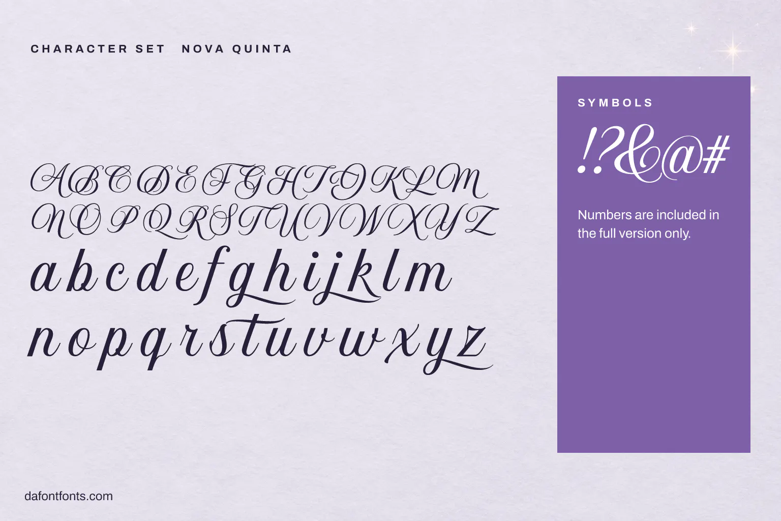 Nova Quinta character set: capitals, lowercase and symbols (numbers are in the full version only)