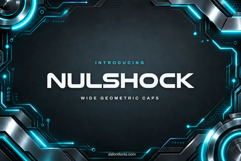 Nulshock font poster: wide geometric caps with glowing cyan tech lines