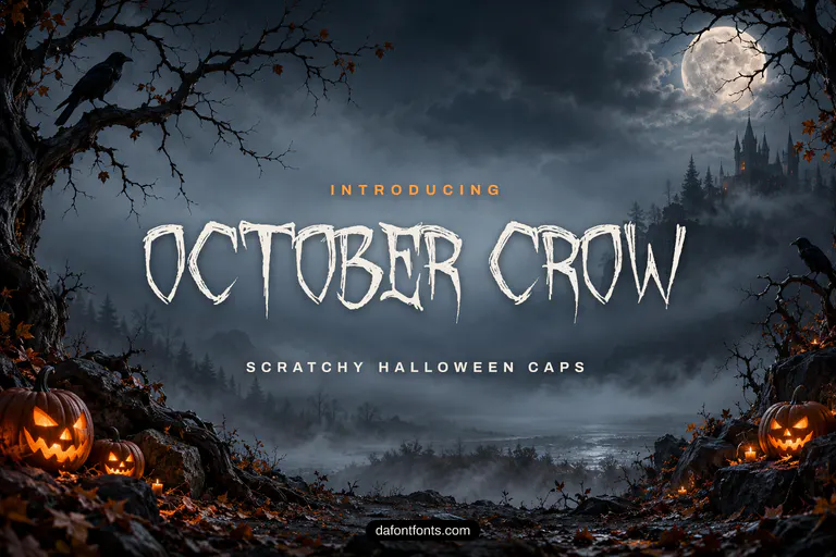 October Crow font poster: black scratchy caps on a dark Halloween background