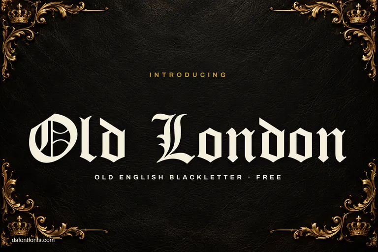 Old London font poster: cream blackletter on black leather with gold corners