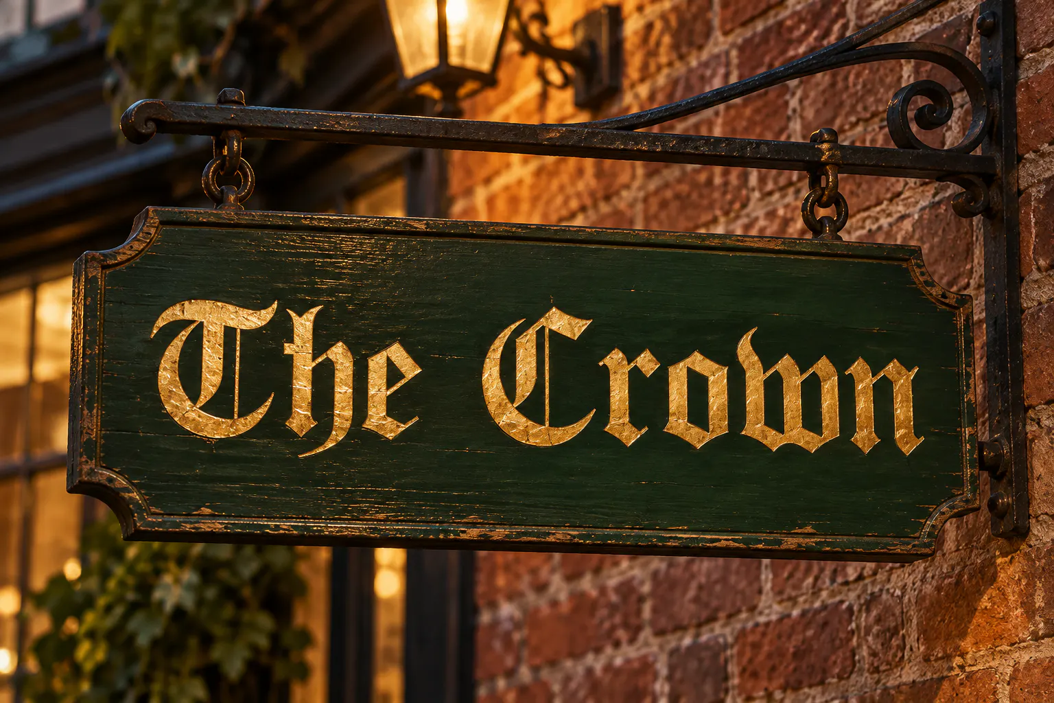 Old London font on a pub sign reading The Crown