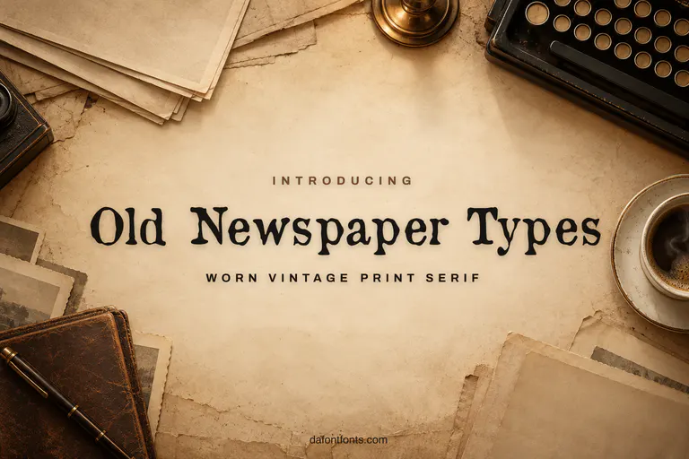 Old Newspaper Types font poster: black worn serif on a vintage newsroom background