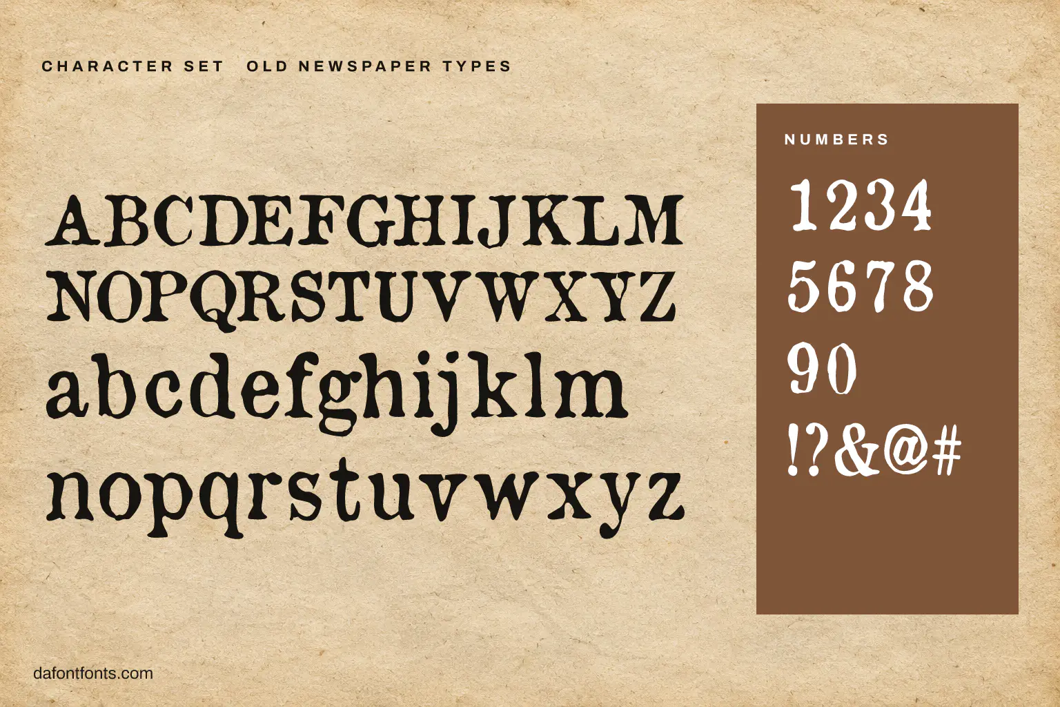Old Newspaper Types character set: alphabet, numbers and symbols