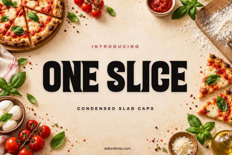One Slice font poster: condensed caps with pizza slices, basil and tomatoes