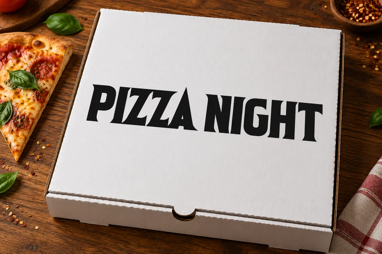 One Slice font on a pizza box reading PIZZA NIGHT