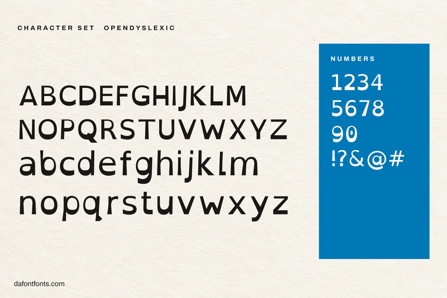 OpenDyslexic character set: alphabet, numbers and symbols