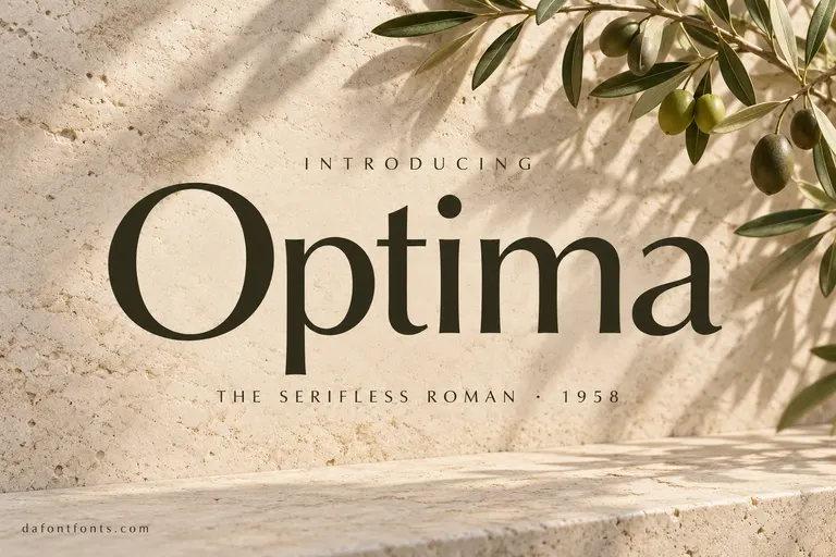 Optima font poster: elegant Optima headline on a pale stone background with olive branches