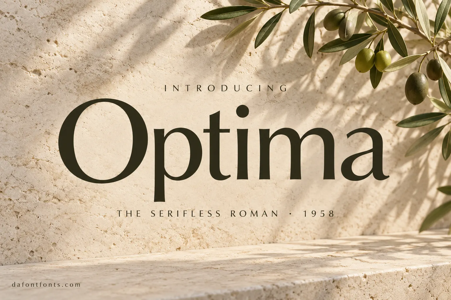 Optima font poster: elegant Optima headline on a pale stone background with olive branches