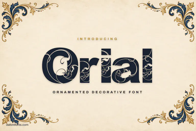 Orial font poster: navy ornamented letters on ivory with gold baroque flourishes