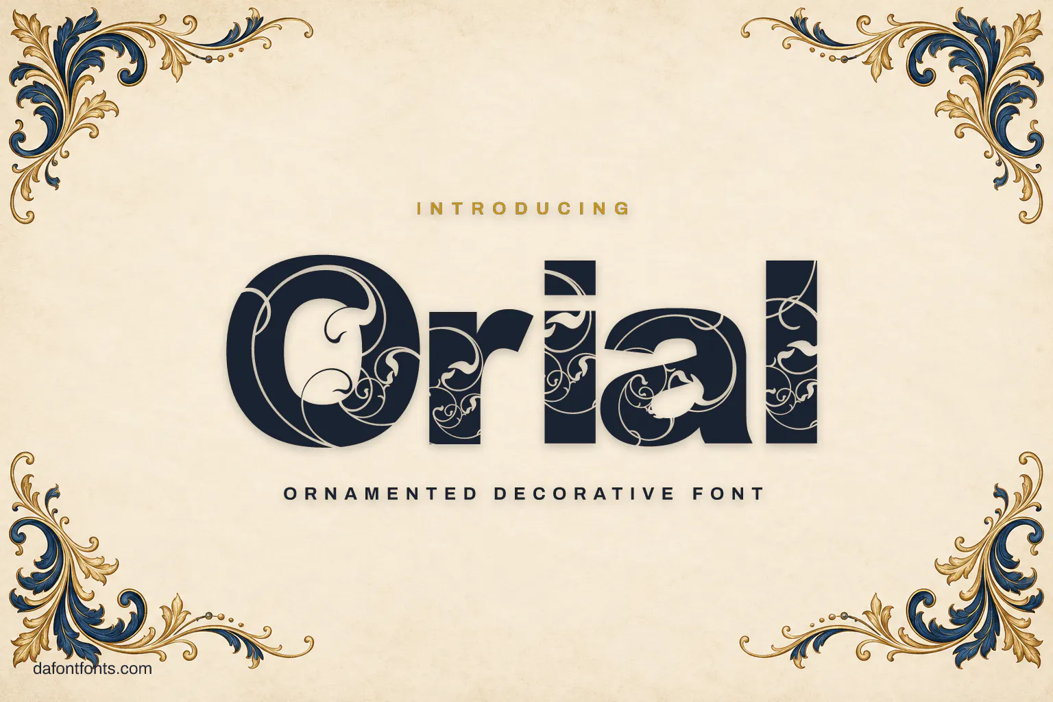 Orial font poster: navy ornamented letters on ivory with gold baroque flourishes