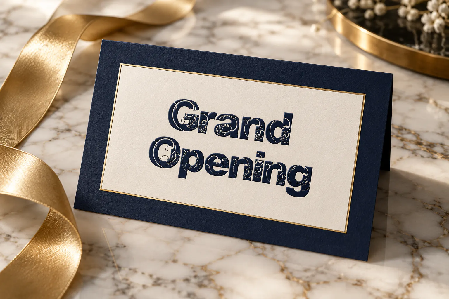 Orial font on an invitation card reading Grand Opening