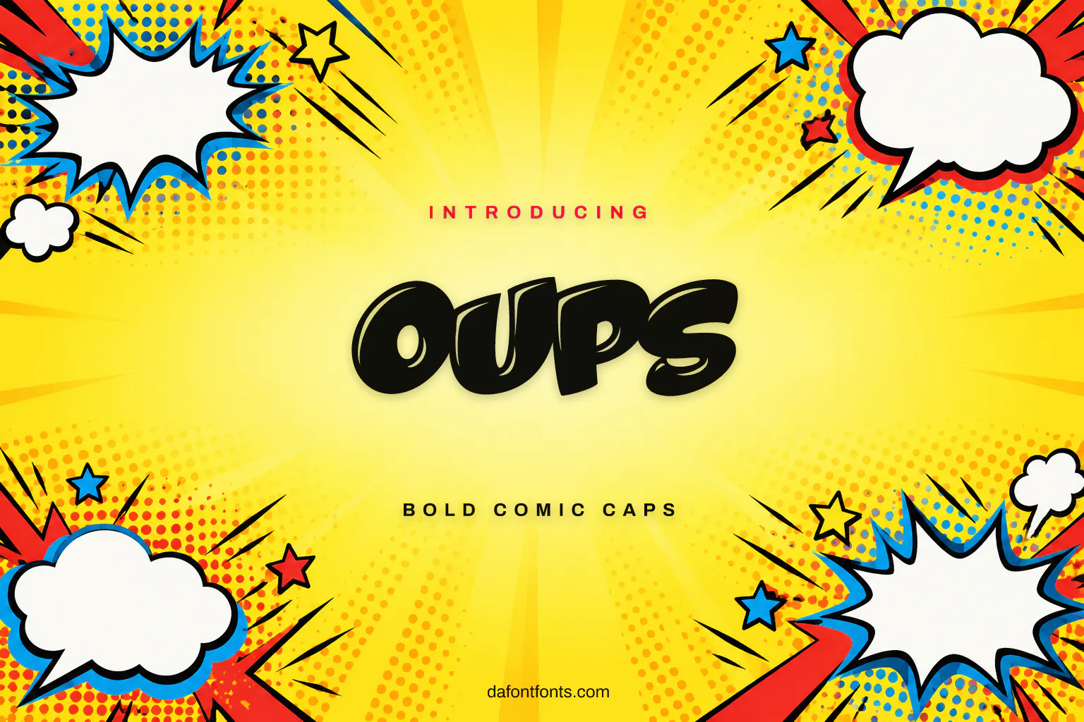 Oups font poster: black comic caps on a bright comic-book background