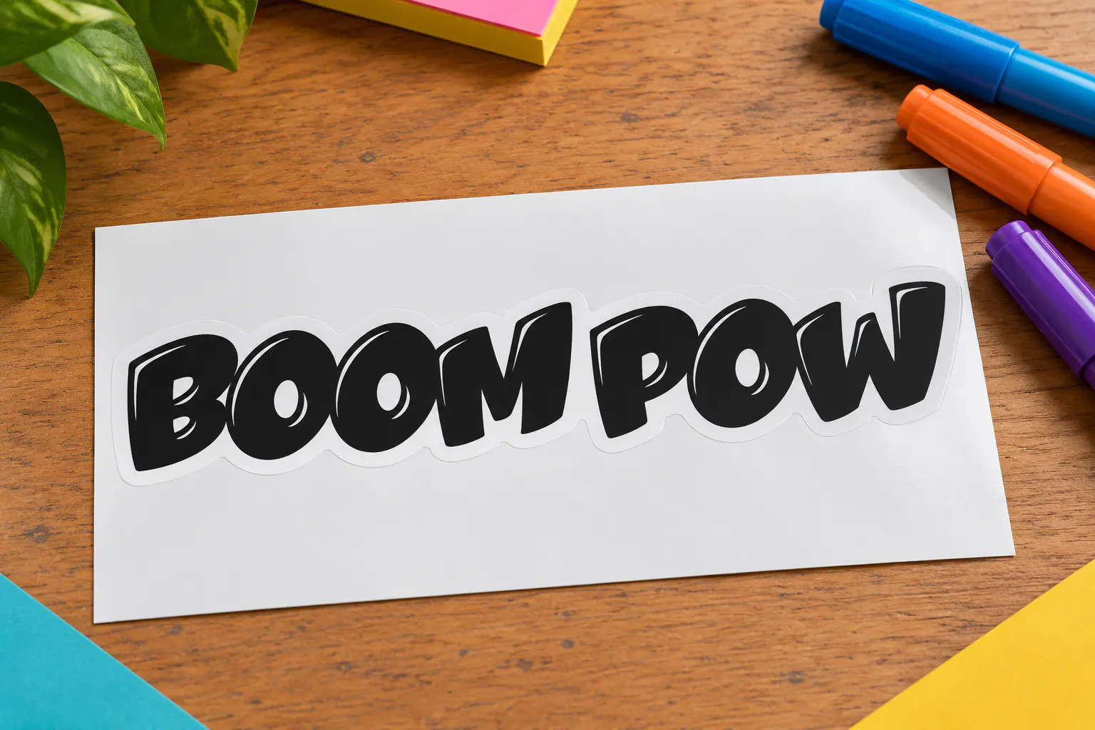 Oups font on a sticker reading BOOM POW